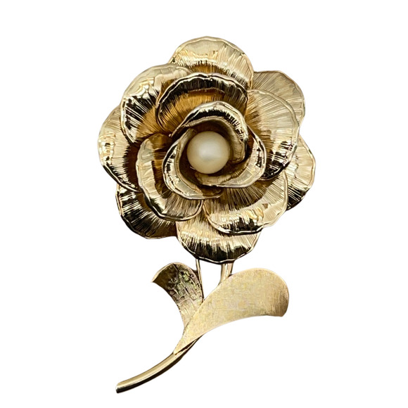 Vintage Faux Pearl Gold Tone Rose Flower Brooch Floral Pin 2.25 in - Picture 2 of 5